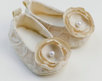 Easter Champagne Lace Baby Shoe, Toddler Ballet Flat , Girl Spring Wedding Shoe, Flower Girl Ballet Slippers, 23 colors, Baby Souls Couture