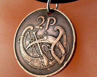 IRISH COIN Necklace Ireland coin celtic bird knot Pendant eire. 2p pence love knot . mens jewelry. CHOOSE year No.001056