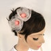Weddings Headband Fascinator with Organza Fabric Camellia Flower: Polka Dot Tulle Hair Charm in White Pink. Handmade