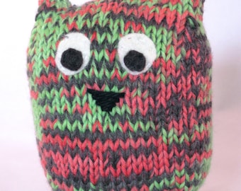 Stuffed Owl Toy, Handknit Owl, Pink Green and Gray Owl, Multicolored Handknit Stuffed Owl