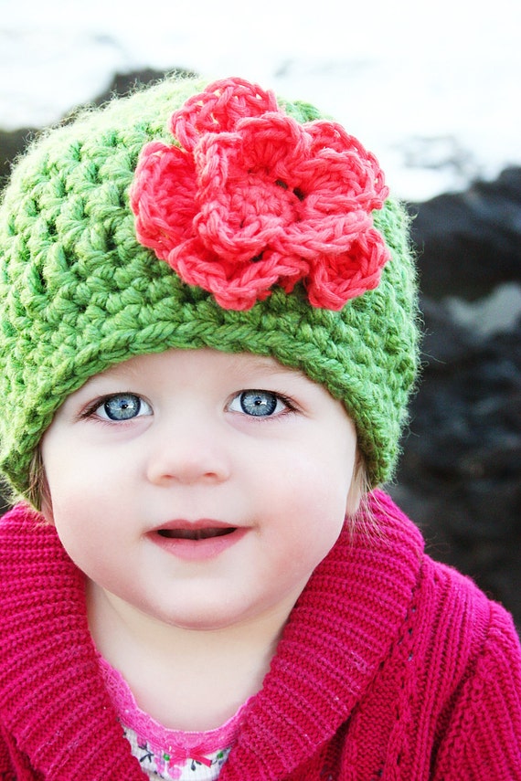 Items similar to Crochet Baby Hat Chunky Flower Hat Green with orange ...