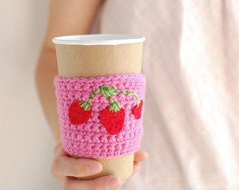 Strawberry Cup Cozy, Crochet Coffee Sleeve, Reusable Coffee Cozy, Pink with strawberries by The Cozy Project
