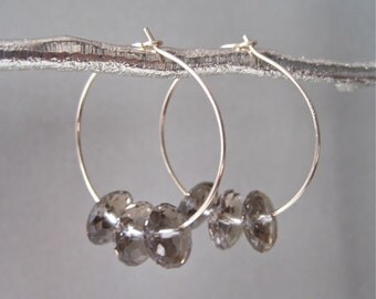 Gold Hoop Earrings with Smoky Quartz Accents