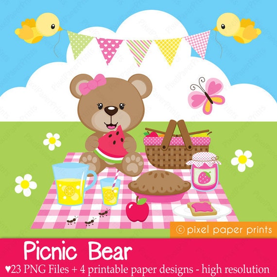 Picnic Bear - Digital - Clipart and Digital Paper Set - Bear clip art Il_570xn