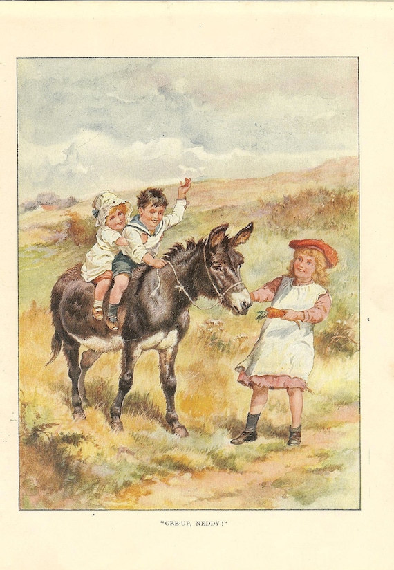 1920's Children's Print-  Boy And Girl Riding Donkey Older Girl Tempting Donkey With Carrot  Donkey Ride Book Plate