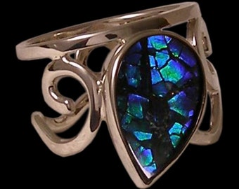 one of a kind, genuine ammolite, 14 karat white gold, hand made 'moondrop' ring