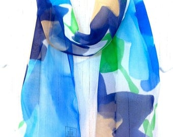 Hand Painted Silk Scarf, Blue Silk Scarf, Summer Ocean Blue Stella Scarf, Summer Scarf, Silk Chiffon, 8x50 inches. Made to order.
