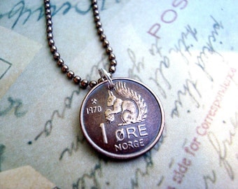 Coin Jewelry - Vintage 1970 SQUIRREL COIN from Norway - coin necklace - squirrel necklace - squirrel jewelry - acorn necklace - coin pendant