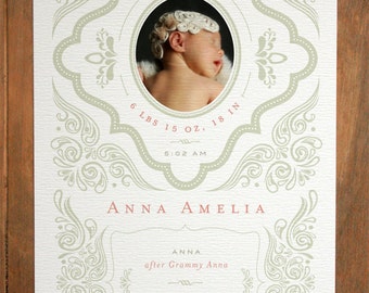 Birth Announcement (Gray Flourish - Girl) Modern, Contemporary