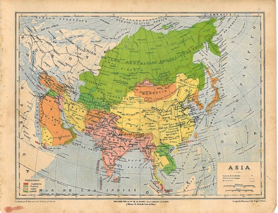 Items similar to 1929 Colorful Vintage Map of Asia on Etsy