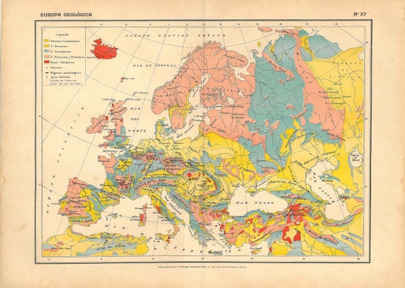 Europe Geological Map Vintage 1910s Home Decor to Frame