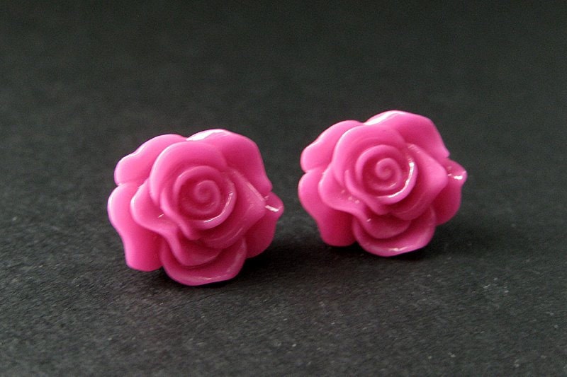 Hot Pink Rose Earrings. Silver Stud Earrings. Flower Earrings.