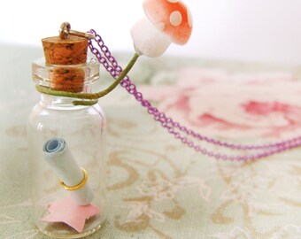 Message Bottle Necklace Secret Vial Woodland necklace Jar Rolled Note Heart Star Mushroom