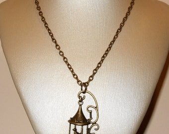 Birdcage Necklace, Vintage Style Bronze Birdcage Pendant, Decorative Birdcage Jewelry, Birdcage Pendant, Bird Jewelry, Bird Cage Necklace