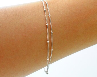 Delicate Silver Bracelet, Sterling Silver OR Goldfilled, Two chains, Thin and feminine, Minimum Jewelry, Silver Dot Chain, everyday jewelry