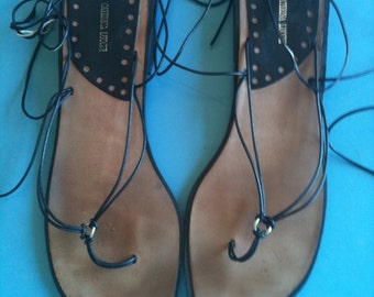 Black Gladiator/Lace Up Flats - Cuoio - Sz: 7/38 - Caterina Lucchi