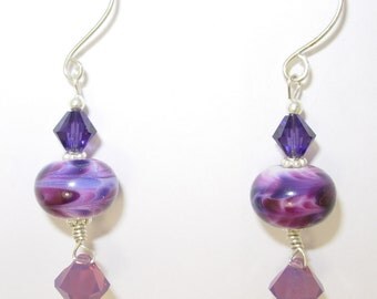 Artisan Lampwork, Swarovski and Sterling Silver Earrings, Purple, Violet