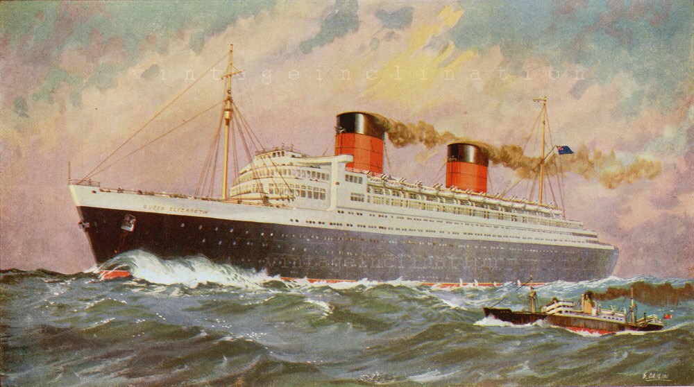 Vintage Cruise Ship illustration print book plate 1950s The