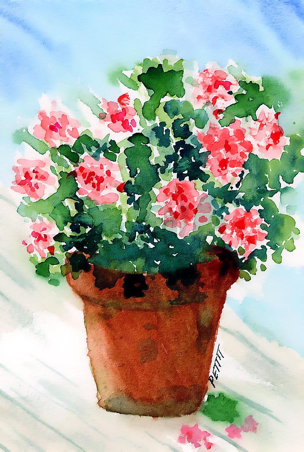 Geraniums Pink Clay Flower Pot Digital Watercolor Print