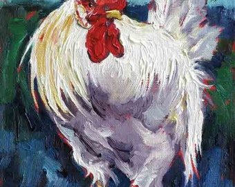Rooster Print, Rooster Painting, White Rooster Painting, Chicken Art Decor, Rooster Art 7 x 5 by Jemma's Gems
