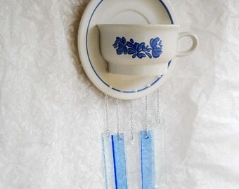 Stained Glass Wind Chimes, Pfaltzgraff Yorktowne Tea Cup and Saucer, Glass Yard Art, Unique Garden Decor, Handmade Suncatcher Windchime,