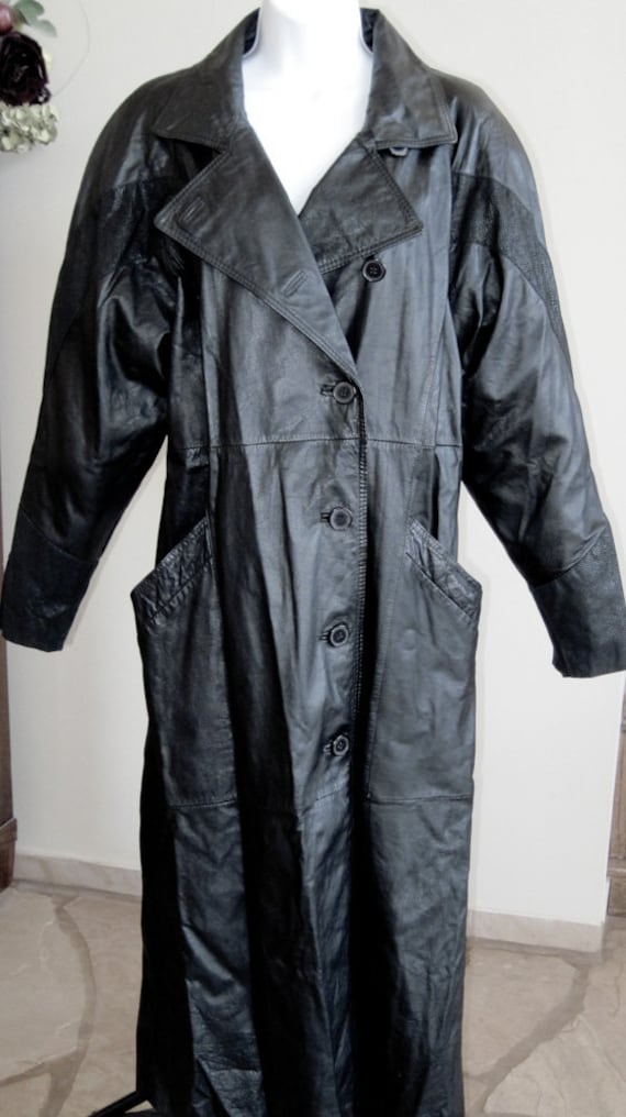 Items similar to Trench Coat 70s Full Length Black Leather G III High ...