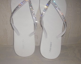 Real Swarovski Crystals on White Wedge Flip Flops Perfect for