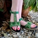 Hmong Embroidered Batik Green T-Strap Vegan Lindsay Sandal