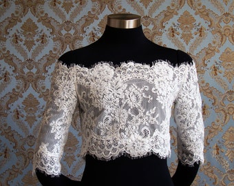 Designer Off-Shoulder Eyelash Lace Bridal Bolero jacket shrug with Buttons by IHeartBride Style Adelaide Estera - Custom Bridal Couture