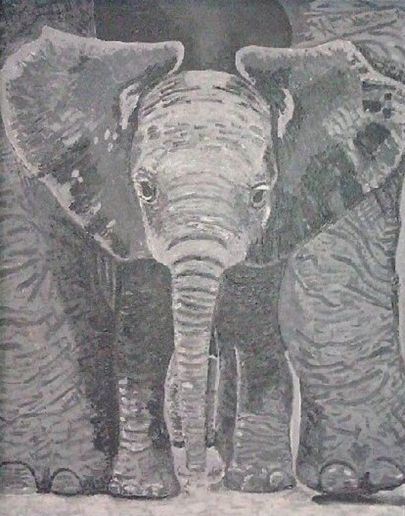 Reduced Price/Sale--A Mother's Touch--print on canvas paper of elephant acrylic painting in grey scale
