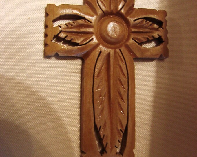 Elaborate Antique Hand Carved Folk Art Wood Cross Pendant / Vintage Jewelry / Jewellery