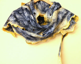 Women cobweb felted woool and silk scarf, navy blue and yellow scarf - made to order