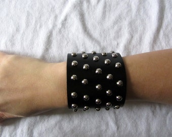 Black leather studded cuff bracelet - extra wide