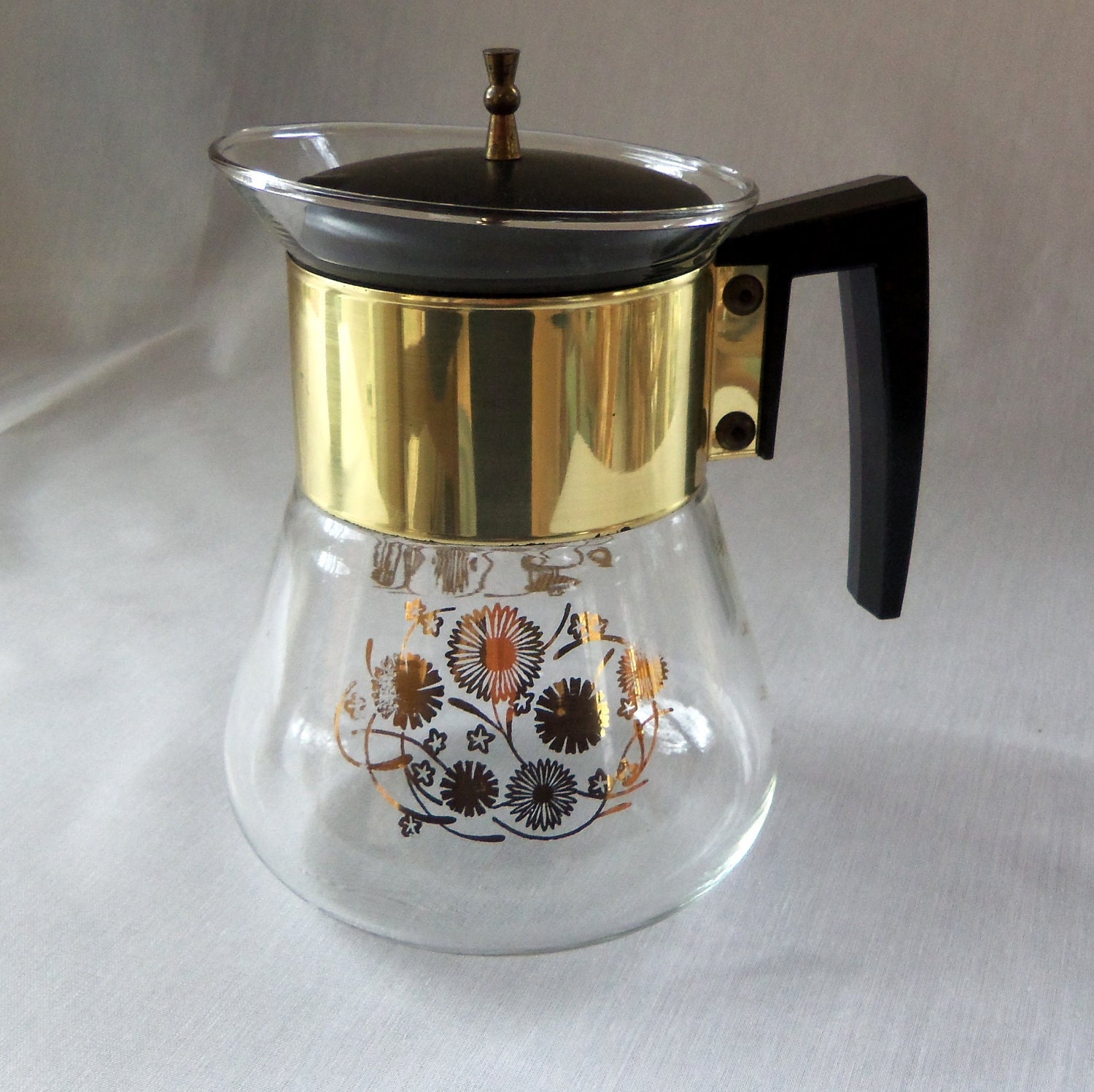 Vintage Pyrex Coffee Carafe Gold Floral Mid Century