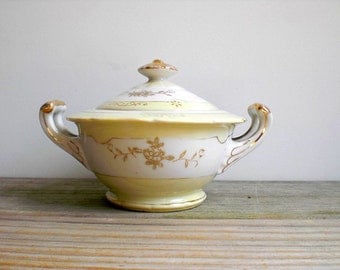 Cottage chic vintage bowl with lid / candy dish / country cottage home decor / pale lemon yellow / white / gold details / country cabin home