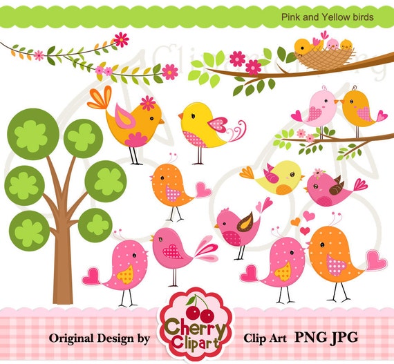 Pink and Yellow birds digital clipart set for-Personal and