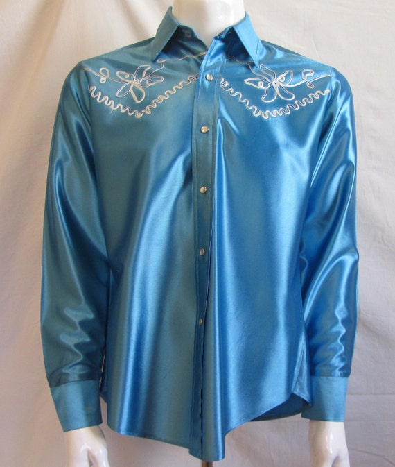 Mens LARGE western shirt vintage blue satin with by Vintrowear