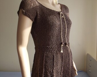 Chocolate Beauty - Hand Knit Sweater / Hand Knit Top / Short Sleeve / Collar SLIT / Sleeve Slits / Wooden Beads / BELL Hem / 50% OFF !!!