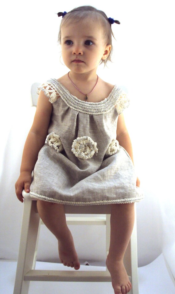 crocheted /sew organic linen baby/ toddler/girl flower
