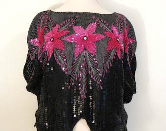 Vintage Sequin Batwing Top - Embellished Top - Black Sequins and Magenta Floral Motif