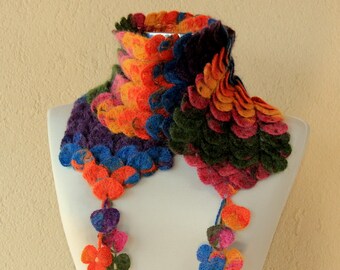 Crochet Long Scarf, Collar Scarf, Crochet Wrap, Chunky Cowl, Mohair Leaf Scarf, Crochet Infinity Scarf, Neck Wrap Blue Pink, Yellow, Orange