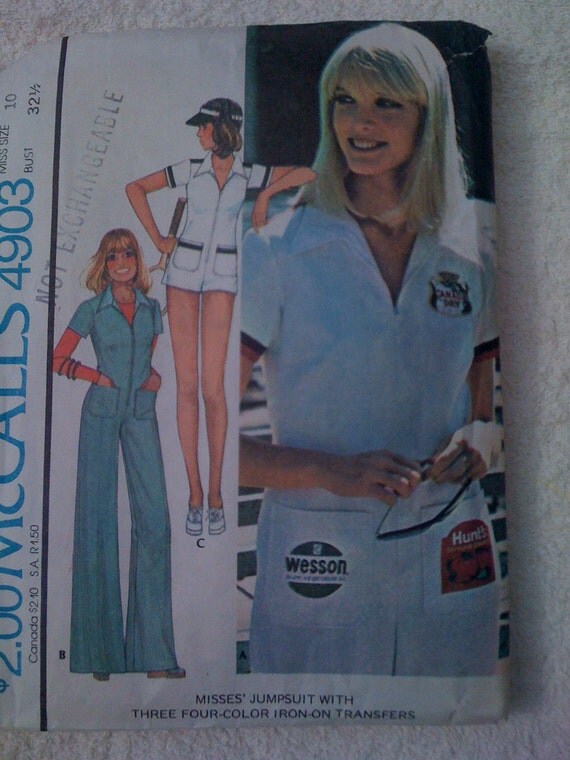 McCalls Sewing Pattern 4903 70s Misses Jumpsuit and Iron On Transfers Size 10