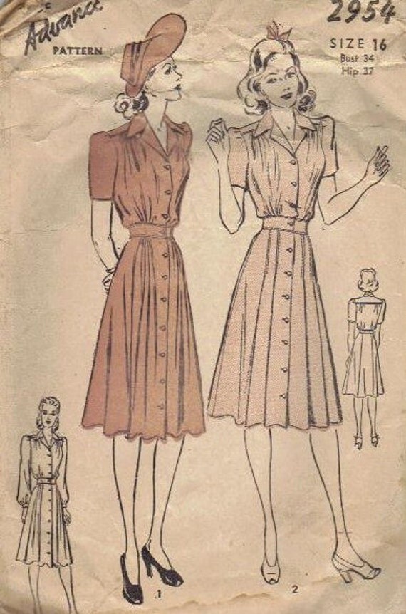 tissue paper pattern dress Casual Dress Button Front 1930s Short Sleeves Advance Sewing Pattern