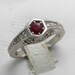 Vintage 14k white gold RED Ruby Diamond Ring Filigree engraving Engagement Ring