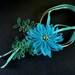 Crocheted Wire Lace Necklace 3D Blu Flower with Shaded Leaves of Green Jade Center Swarovski Crystals Fancy Floral Fantasy Garden Delight
