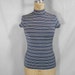 RESERVED (Nicole) - 1990s Isaac Mizrahi Striped Top - Stretchy Blouse - Navy White Stripe - Short Sleeves - Mock Turtleneck - Size Medium