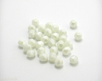Opaque White Chartreuse Fire Polished Czech Glass Bead 6mm (35) Polish Faceted Luster last