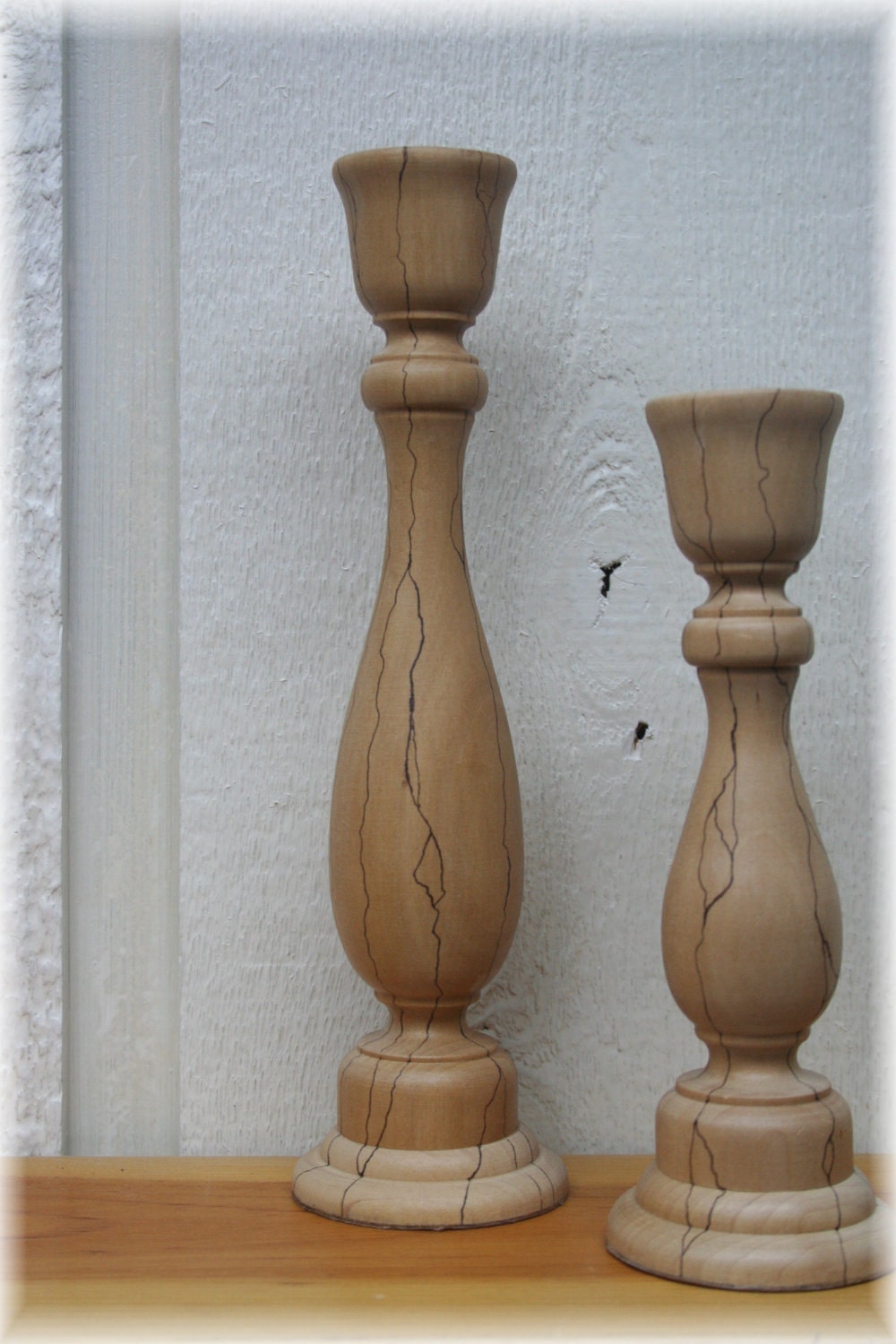 Pair of Rustic Turned Wood Candle Holders with Accentuated