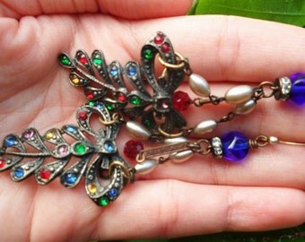 Statement Earrings Jewelry, Celebration of Lights Earrings Vintage Repurposed Assemblage OOAK Boho Chic Jewelry Pearl Multi Color Rhinestone
