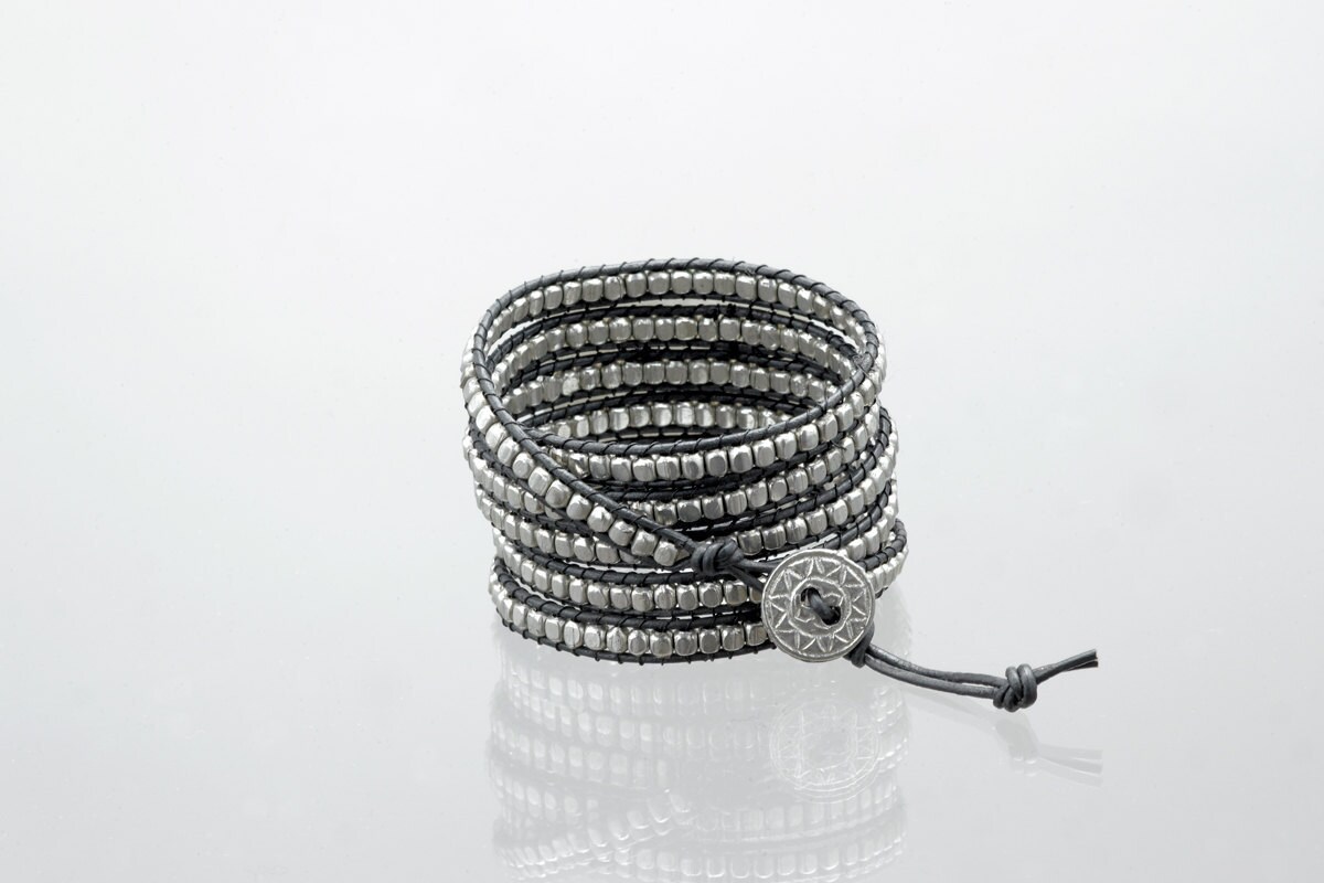Silver bead wrap bracelet on charcoal leather